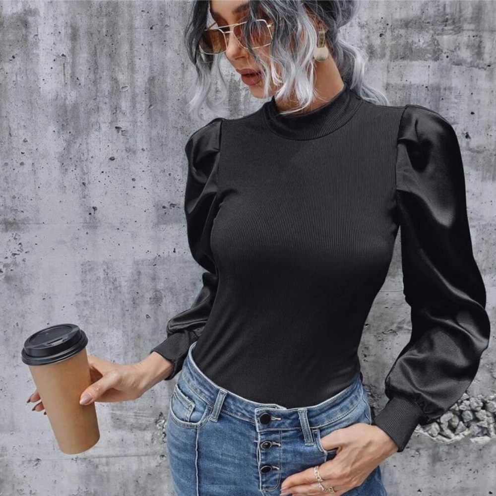 Ribbed satin puff sleeve blouse-Baby blue - Picture 7 of 14